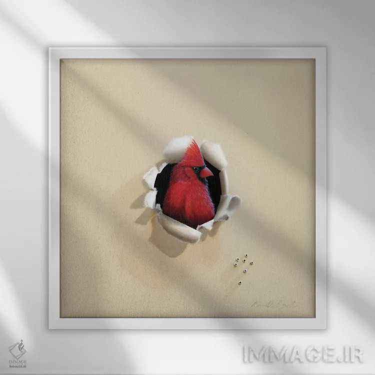 تابلو سرخرمای زیبا (اشاره به پرنده) اثر کامی یِل انگل - نمای قابدار سفید