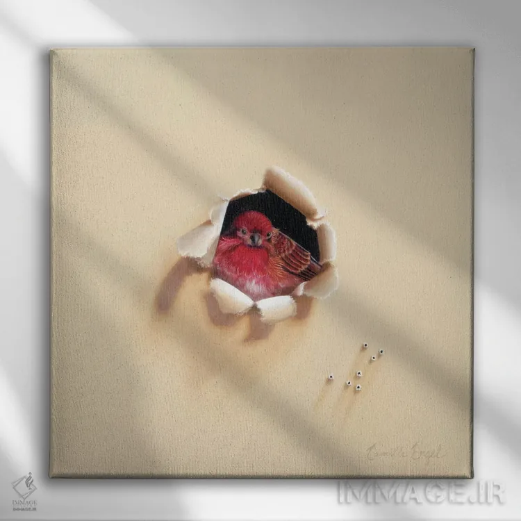 تابلو پرندهٔ قرمزپوش اثر کامی یِل انگل - نمای روبهرو روی دیوار