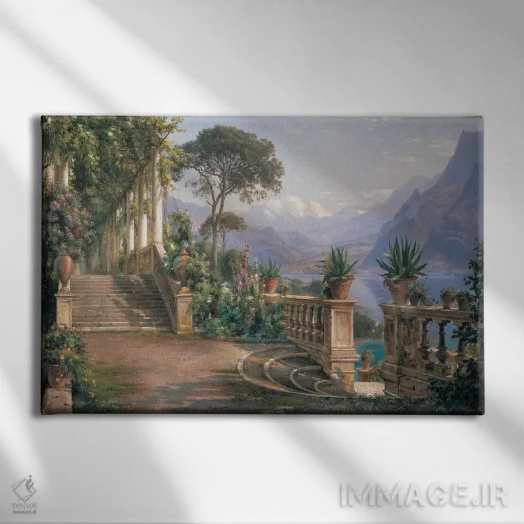 تابلو کلبه بر دریاچه کومو (ایتالیا) اثر کارل فردریک آگارد (نقاش دانمارکی) - نمای روبهرو روی دیوار