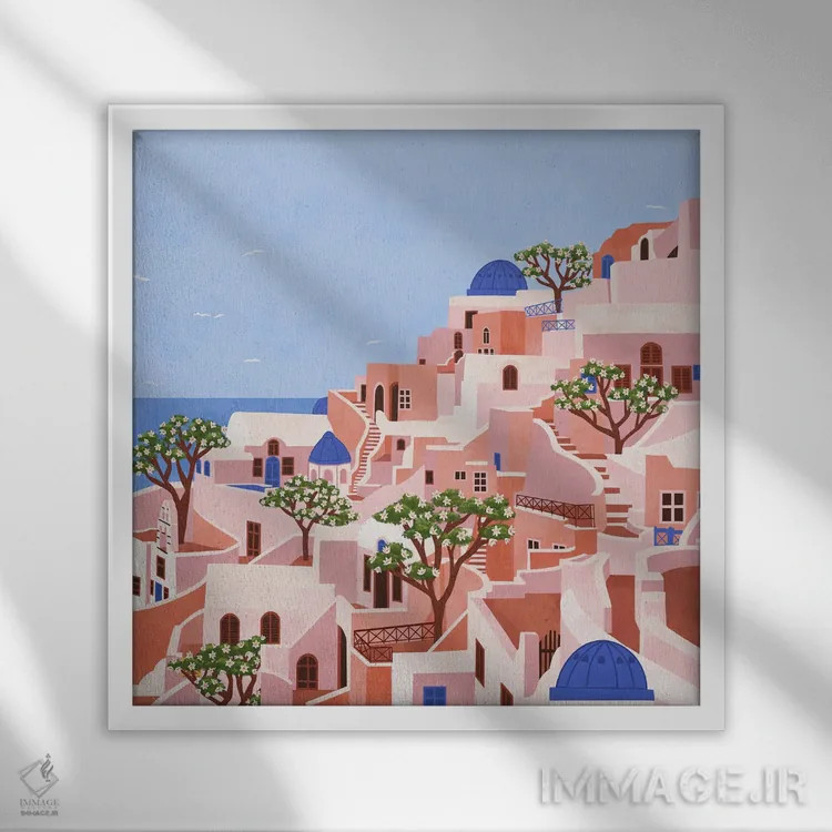تابلو غروب در سانتورینی اثر جیدا الاسار - نمای قابدار سفید