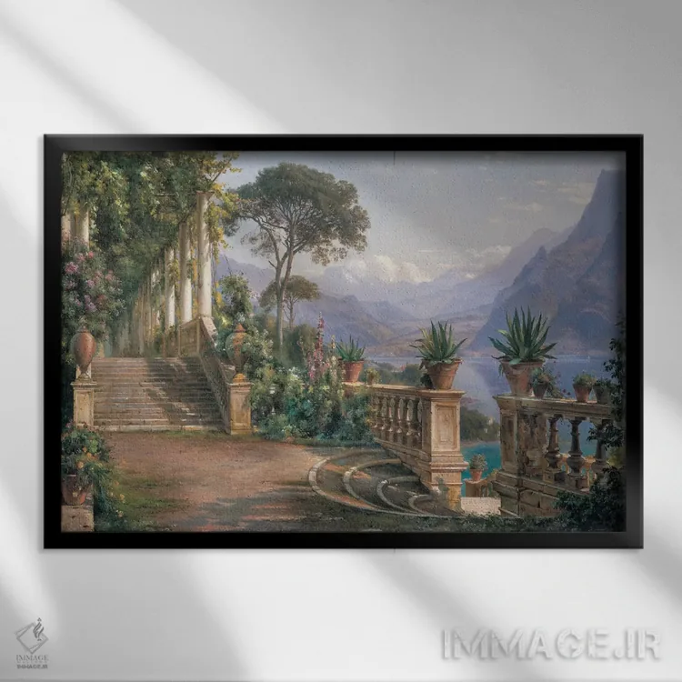 تابلو کلبه بر دریاچه کومو (ایتالیا) اثر کارل فردریک آگارد (نقاش دانمارکی) - نمای قابدار مشکی