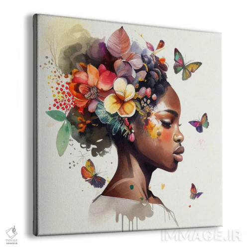 تابلو زن آفریقایی با پروانه آبرنگی ۶ اثر استودیو کروماتیک فیوژن - نمای پرسپکتیو محصول