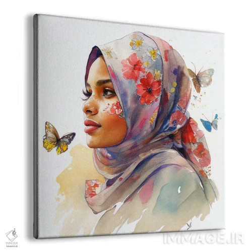 تابلو زن مسلمان عرب با گلهای آبرنگی ۱ اثر استودیو کروماتیک فیوژن - نمای پرسپکتیو محصول