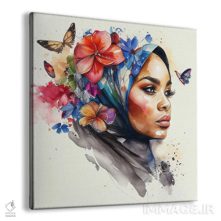 تابلو زن مسلمان عرب با گلهای آبرنگی ۲ اثر استودیو کروماتیک فیوژن - نمای پرسپکتیو محصول