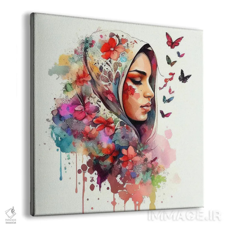تابلو زن عرب مسلمان با گلهای آبرنگی چهارم اثر استودیو کروماتیک فیوژن - نمای پرسپکتیو محصول