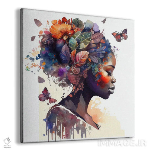 تابلو زن آفریقایی با پروانه آبرنگی ۹ اثر استودیو کروماتیک فیوژن - نمای پرسپکتیو محصول