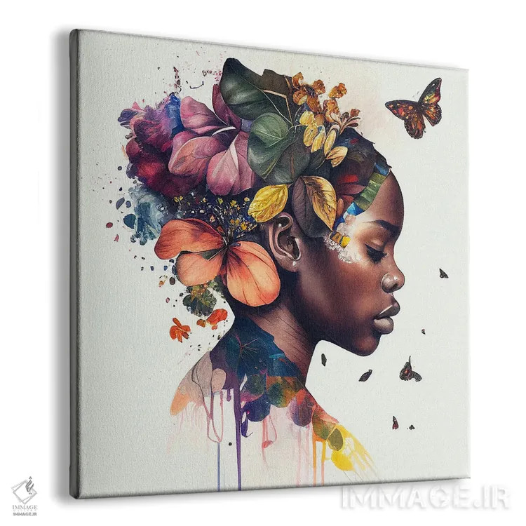تابلو زن آفریقایی با پروانههای آبرنگی دهم اثر استودیو کروماتیک فیوژن - نمای پرسپکتیو محصول