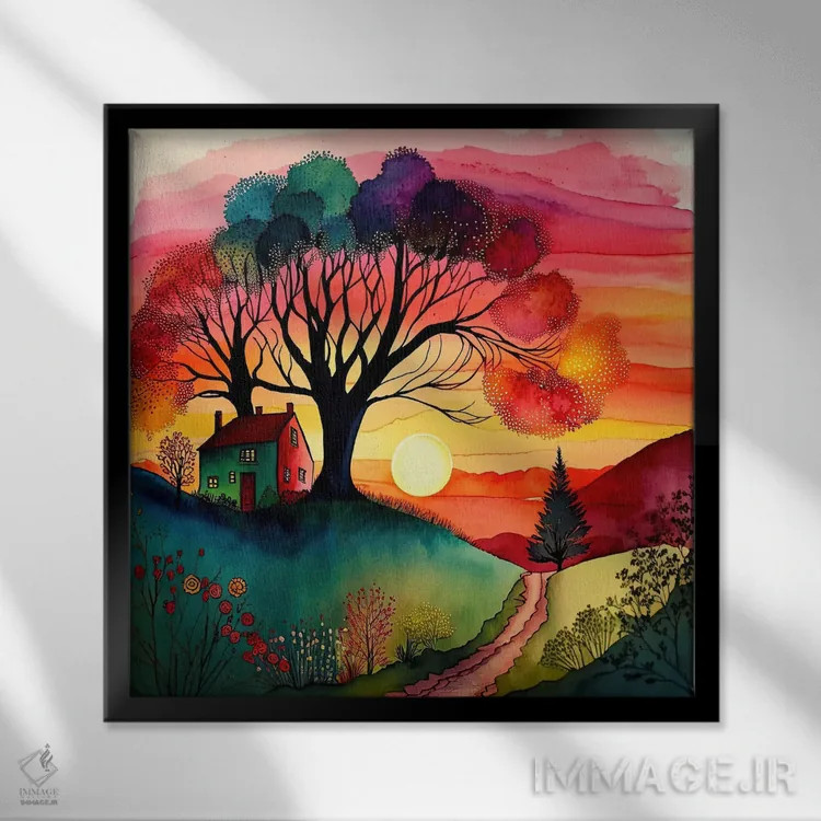 تابلو غروب هنر عامیانه آبرنگی ۱ اثر استودیو کروماتیک فیوژن - نمای قابدار مشکی