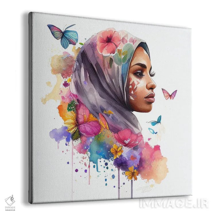 تابلو زن عرب مسلمان با گلهای آبرنگی هفتم اثر استودیو کروماتیک فیوژن - نمای پرسپکتیو محصول