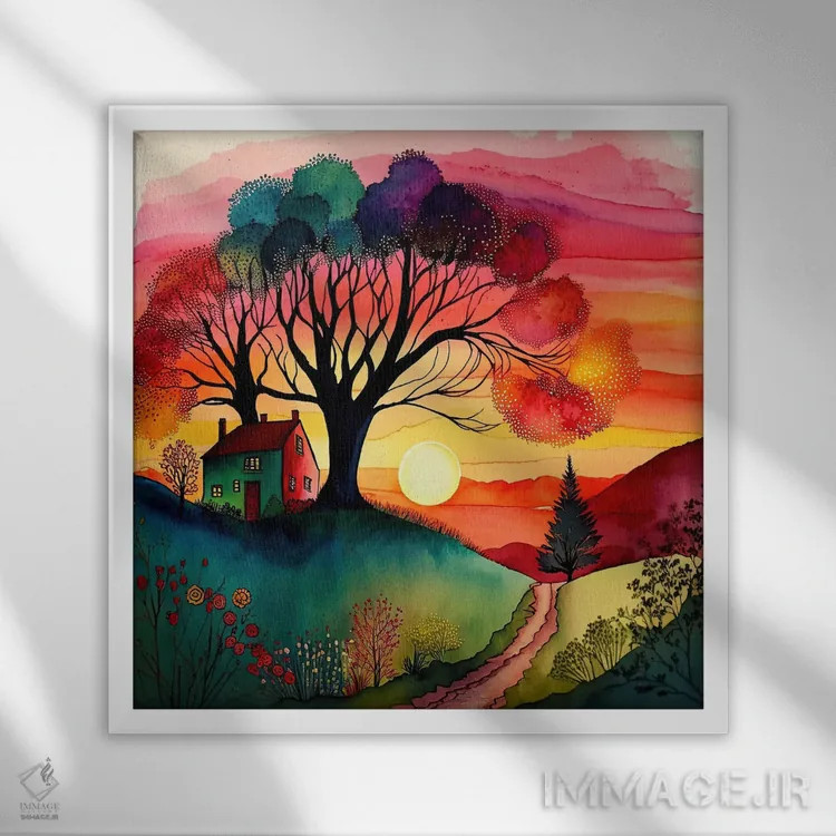 تابلو غروب هنر عامیانه آبرنگی ۱ اثر استودیو کروماتیک فیوژن - نمای قابدار سفید