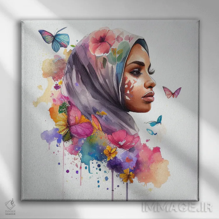 تابلو زن عرب مسلمان با گلهای آبرنگی هفتم اثر استودیو کروماتیک فیوژن - نمای روبهرو روی دیوار