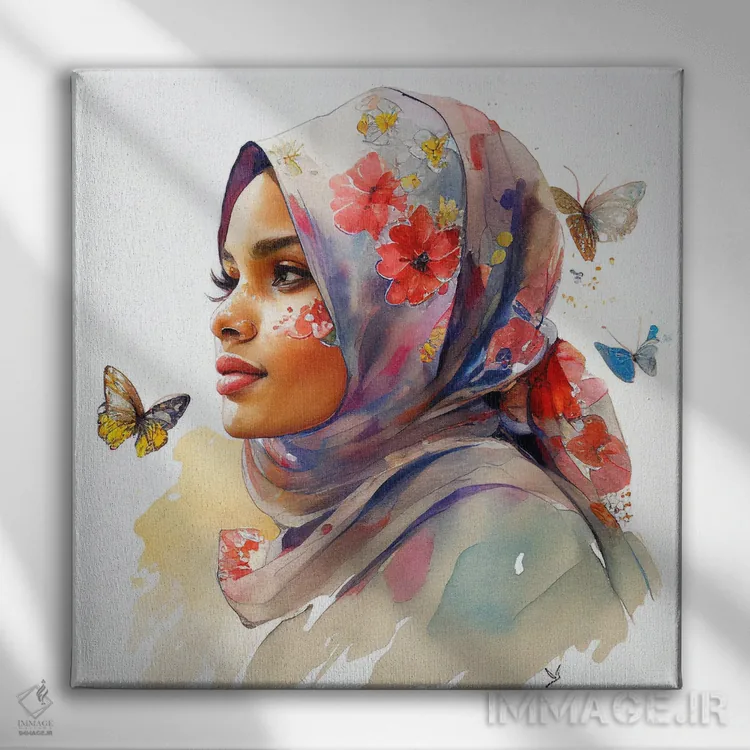 تابلو زن مسلمان عرب با گلهای آبرنگی ۱ اثر استودیو کروماتیک فیوژن - نمای روبهرو روی دیوار