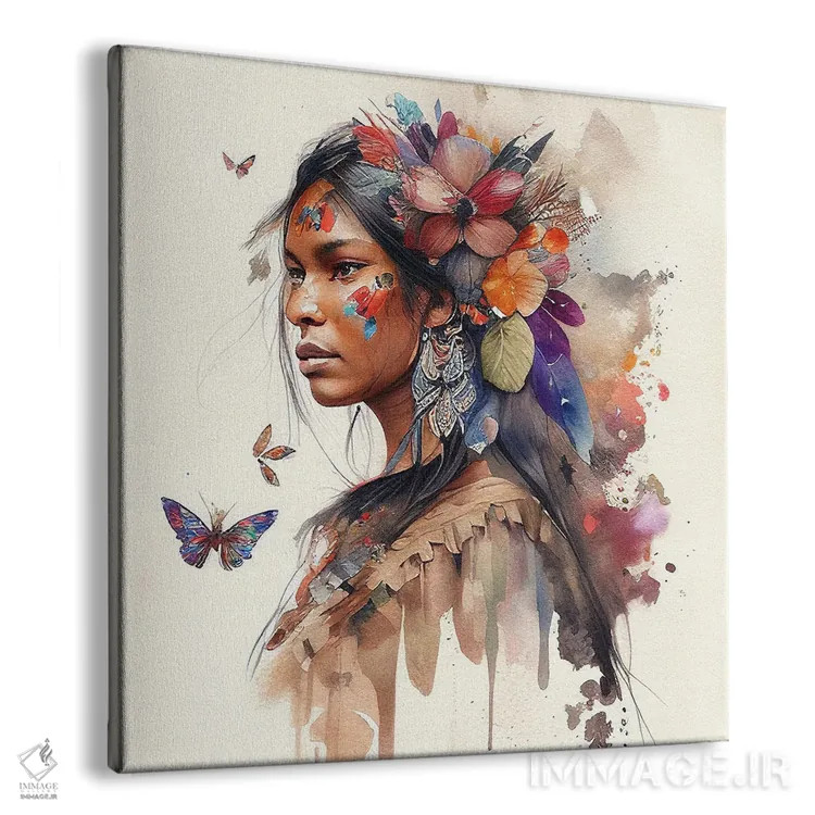 تابلو زن بومی هندی با گلهای آبرنگی ۹ اثر استودیو کروماتیک فیوژن - نمای پرسپکتیو محصول