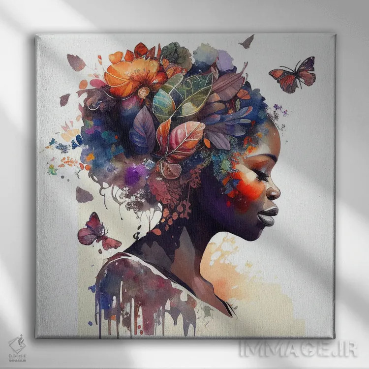 تابلو زن آفریقایی با پروانه آبرنگی ۹ اثر استودیو کروماتیک فیوژن - نمای روبهرو روی دیوار