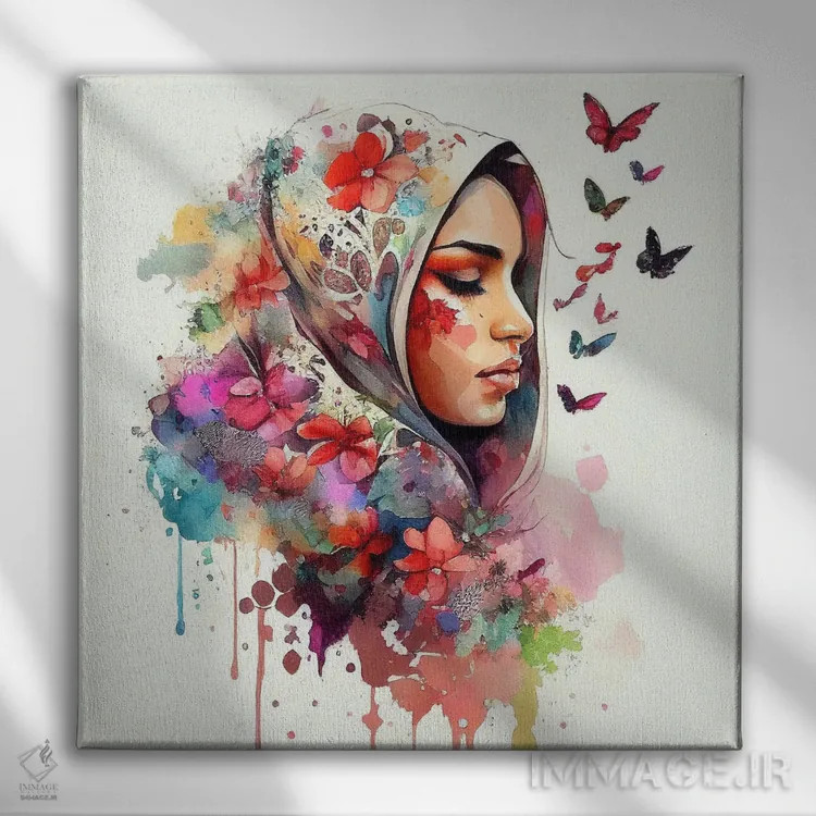 تابلو زن عرب مسلمان با گلهای آبرنگی چهارم اثر استودیو کروماتیک فیوژن - نمای روبهرو روی دیوار