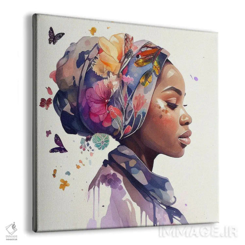 تابلو زن مسلمان آفریقایی با گلهای آبرنگی ۱ اثر استودیو کروماتیک فیوژن - نمای پرسپکتیو محصول