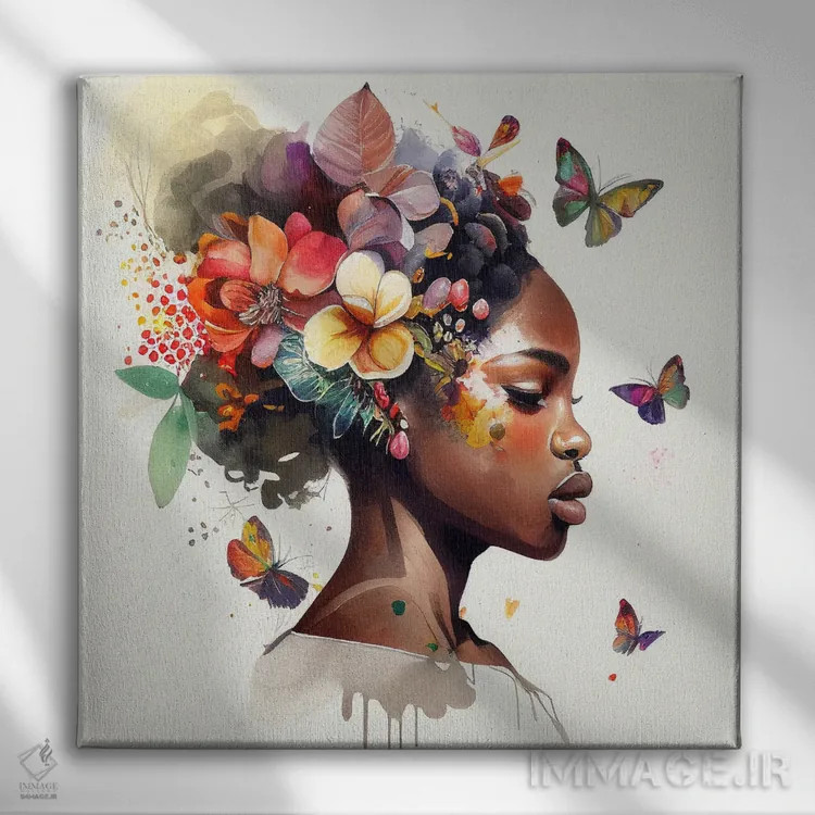 تابلو زن آفریقایی با پروانه آبرنگی ۶ اثر استودیو کروماتیک فیوژن - نمای روبهرو روی دیوار