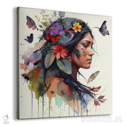 تابلو زن بومی هندی با گلهای آبرنگی ۱۵ اثر استودیو کروماتیک فیوژن - نمای پرسپکتیو محصول