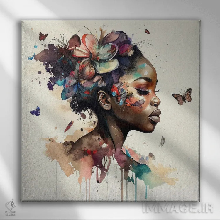 تابلو زن آفریقایی با پروانههای آبرنگی یازدهم اثر استودیو کروماتیک فیوژن - نمای روبهرو روی دیوار