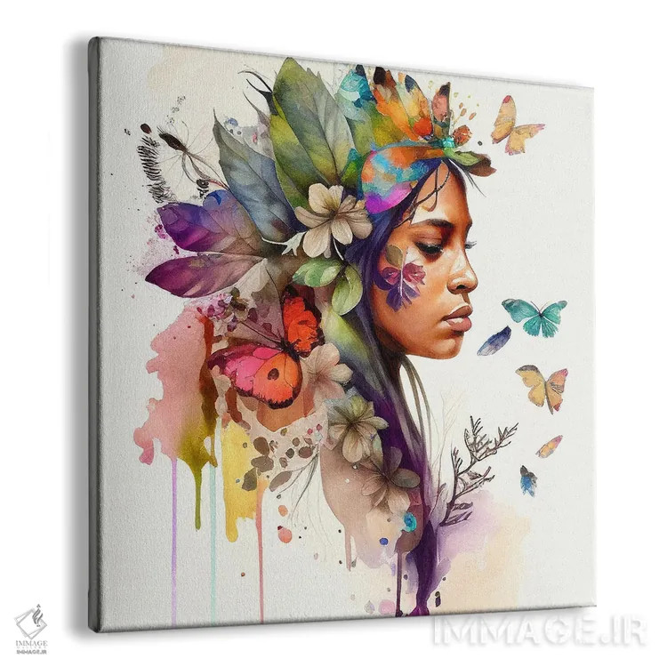 تابلو زن بومی هندی با گلهای آبرنگی ۱۰ اثر استودیو کروماتیک فیوژن - نمای پرسپکتیو محصول