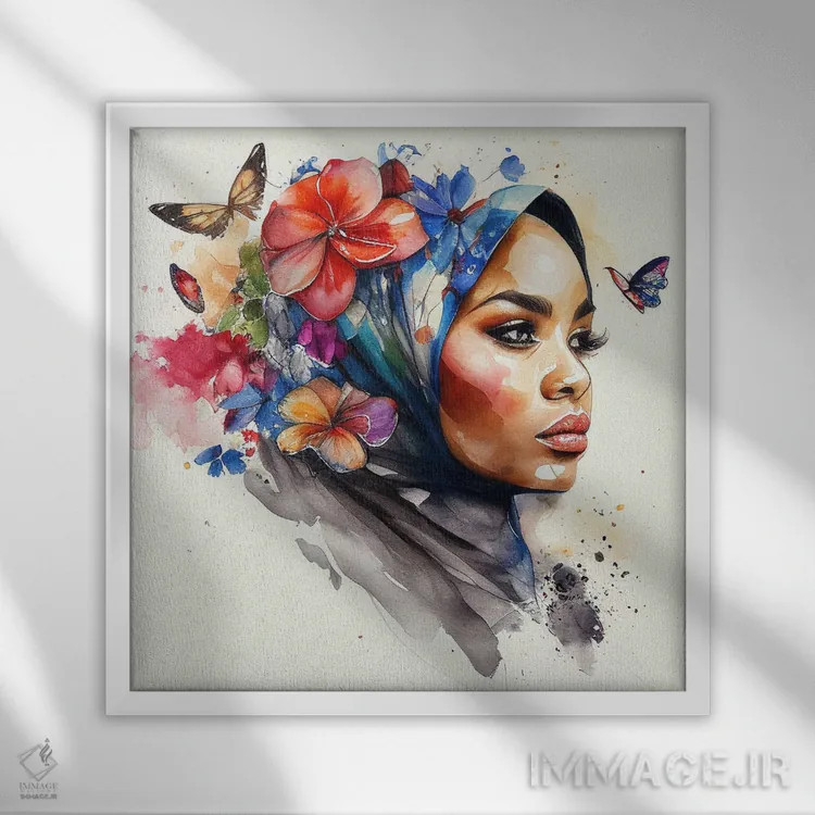 تابلو زن مسلمان عرب با گلهای آبرنگی ۲ اثر استودیو کروماتیک فیوژن - نمای قابدار سفید
