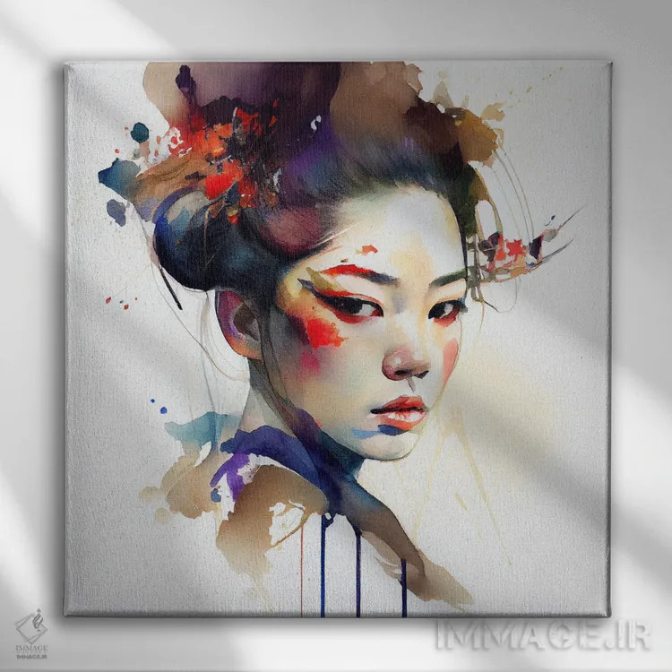 تابلو گیشای مدرن آبرنگی یکم اثر استودیو کروماتیک فیوژن - نمای روبهرو روی دیوار