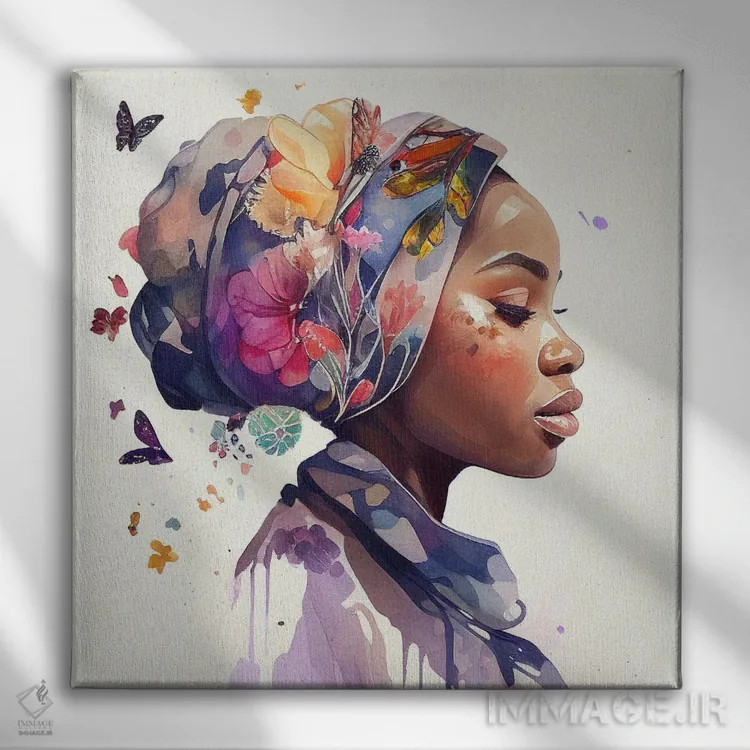 تابلو زن مسلمان آفریقایی با گلهای آبرنگی ۱ اثر استودیو کروماتیک فیوژن - نمای روبهرو روی دیوار