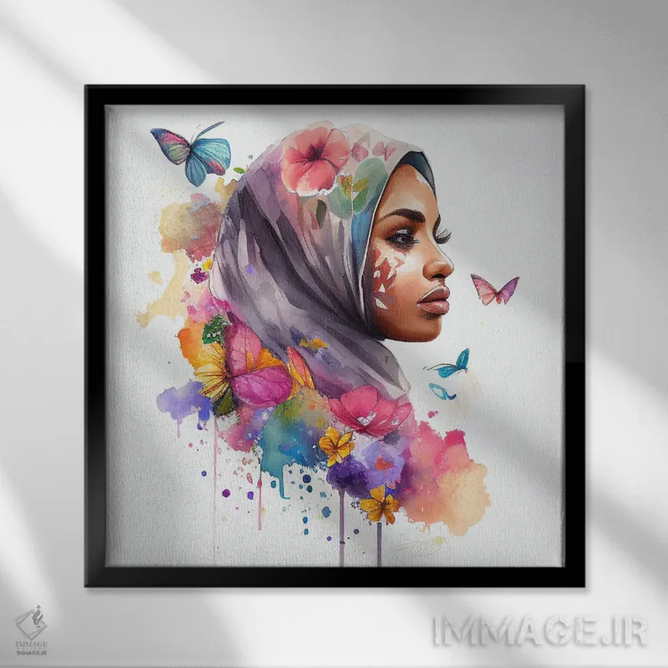 تابلو زن عرب مسلمان با گلهای آبرنگی هفتم اثر استودیو کروماتیک فیوژن - نمای قابدار مشکی