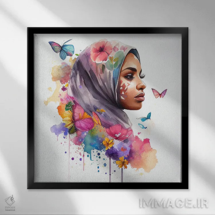تابلو زن عرب مسلمان با گلهای آبرنگی هفتم اثر استودیو کروماتیک فیوژن - نمای قابدار مشکی