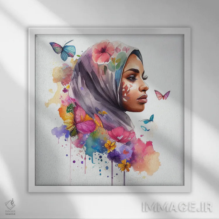 تابلو زن عرب مسلمان با گلهای آبرنگی هفتم اثر استودیو کروماتیک فیوژن - نمای قابدار سفید