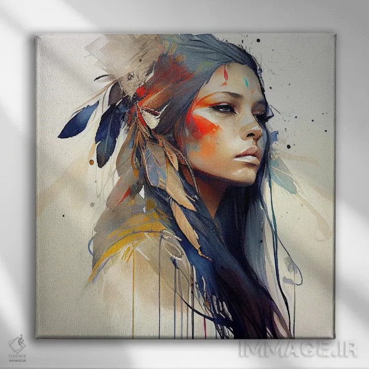 تابلو زن بومی هندی با گلهای آبرنگی ۱۳ اثر استودیو کروماتیک فیوژن - نمای روبهرو روی دیوار