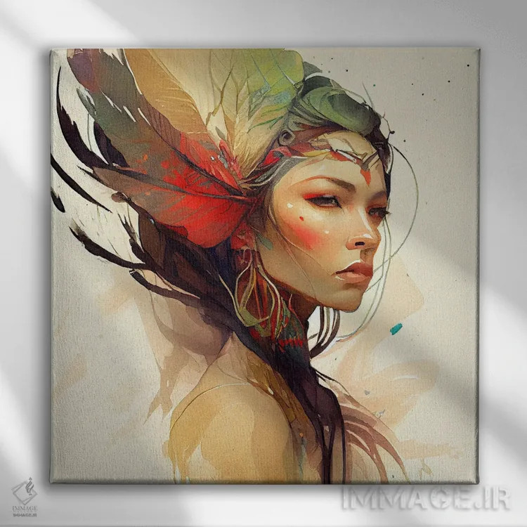 تابلو زن بومی هندی با گلهای آبرنگی ۱۴ اثر استودیو کروماتیک فیوژن - نمای روبهرو روی دیوار