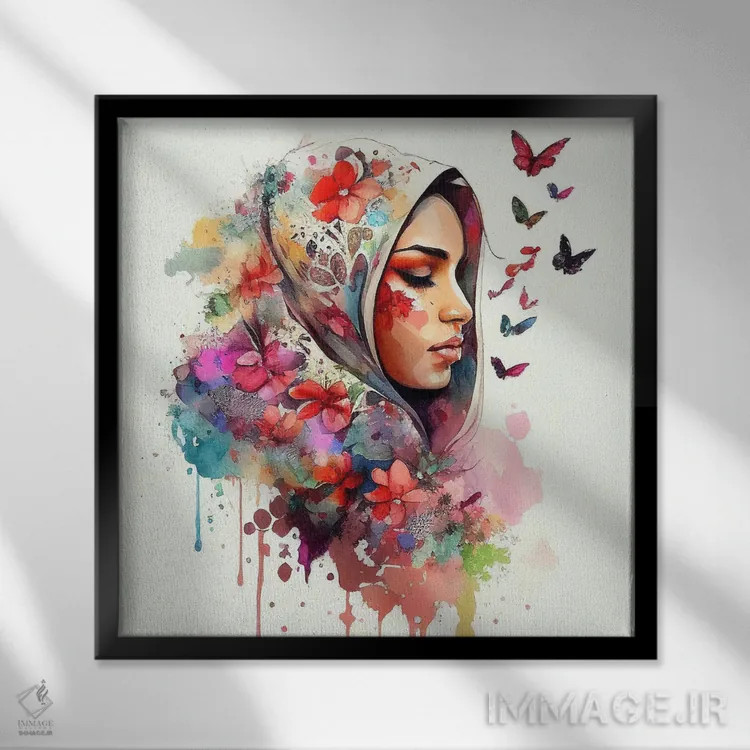 تابلو زن عرب مسلمان با گلهای آبرنگی چهارم اثر استودیو کروماتیک فیوژن - نمای قابدار مشکی