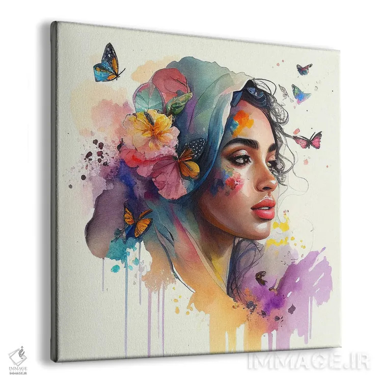تابلو زن عرب با گلهای آبرنگی یکم اثر استودیو کروماتیک فیوژن - نمای پرسپکتیو محصول