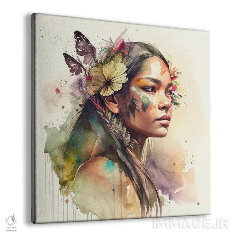 تابلو زن سرخپوست هندی با گلهای آبرنگی دوم اثر استودیو کروماتیک فیوژن - نمای پرسپکتیو محصول