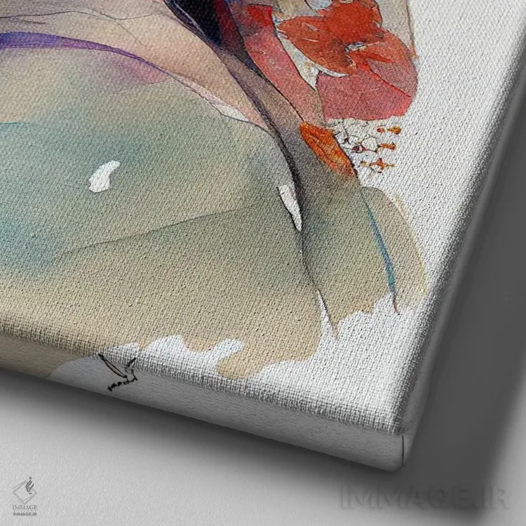 تابلو زن مسلمان عرب با گلهای آبرنگی ۱ اثر استودیو کروماتیک فیوژن - نمای نزدیک بافت بوم