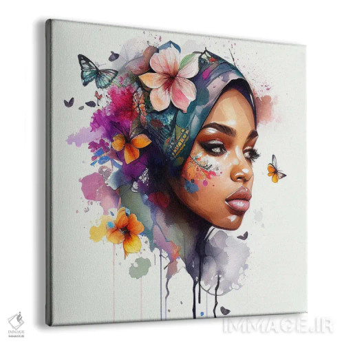 تابلو زن عرب با گلهای آبرنگی دوم اثر استودیو کروماتیک فیوژن - نمای پرسپکتیو محصول