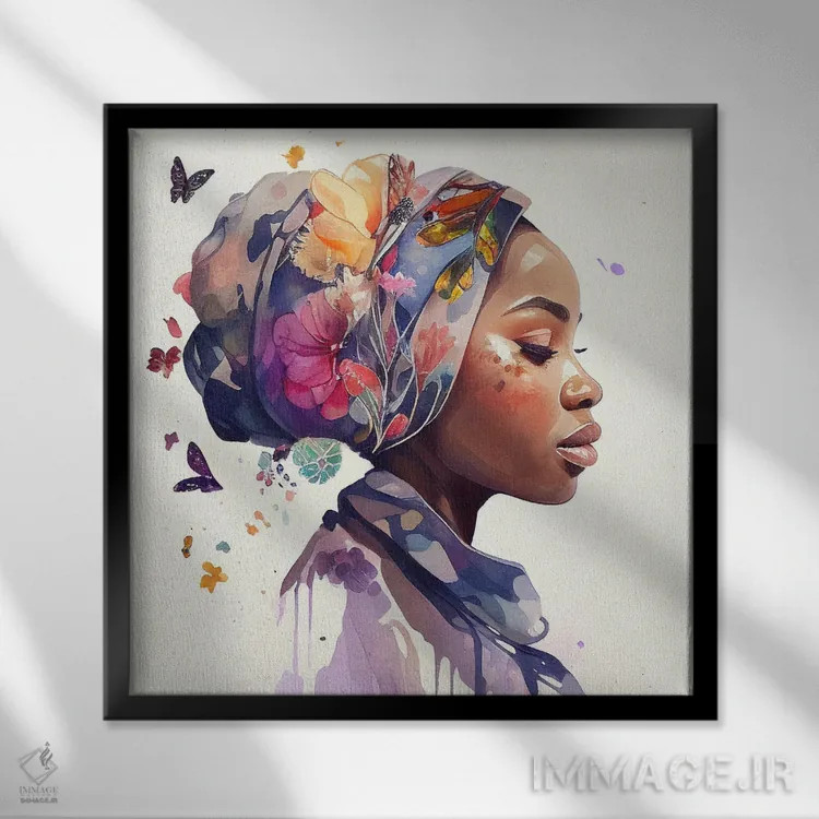 تابلو زن مسلمان آفریقایی با گلهای آبرنگی ۱ اثر استودیو کروماتیک فیوژن - نمای قابدار مشکی