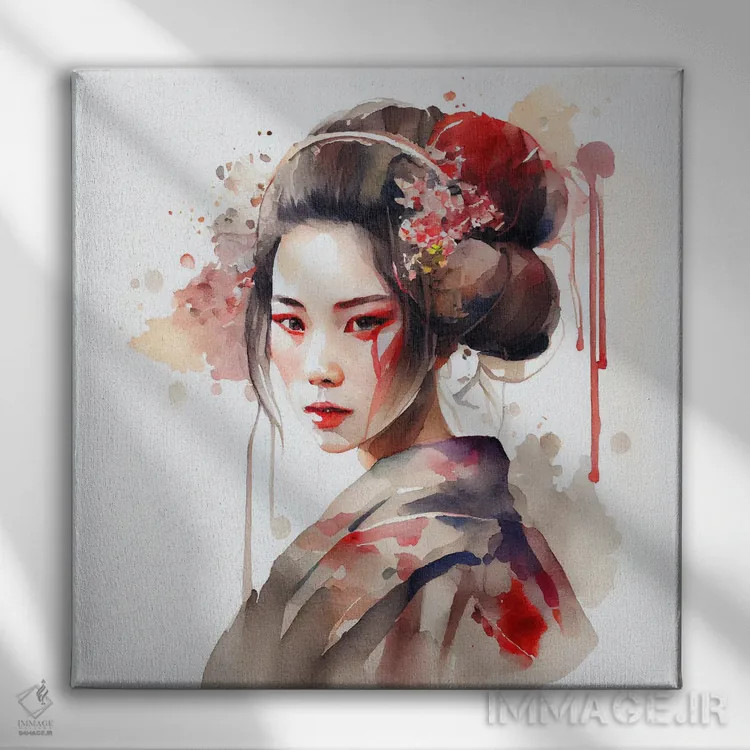 تابلو گیشای مدرن آبرنگی دوم اثر استودیو کروماتیک فیوژن - نمای روبهرو روی دیوار