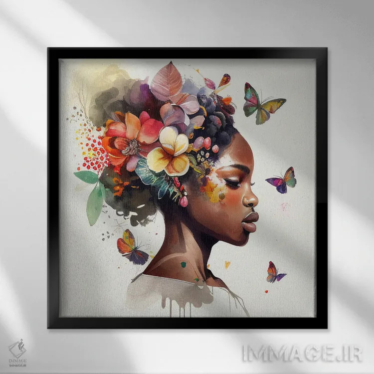 تابلو زن آفریقایی با پروانه آبرنگی ۶ اثر استودیو کروماتیک فیوژن - نمای قابدار مشکی
