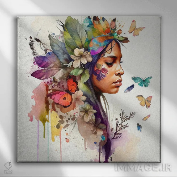 تابلو زن بومی هندی با گلهای آبرنگی ۱۰ اثر استودیو کروماتیک فیوژن - نمای روبهرو روی دیوار