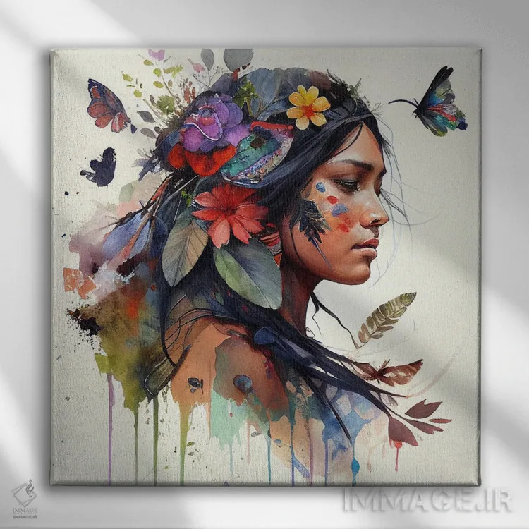تابلو زن بومی هندی با گلهای آبرنگی ۱۵ اثر استودیو کروماتیک فیوژن - نمای روبهرو روی دیوار
