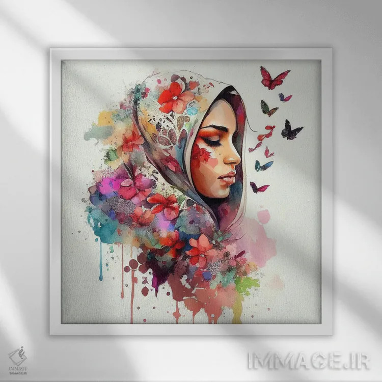 تابلو زن عرب مسلمان با گلهای آبرنگی چهارم اثر استودیو کروماتیک فیوژن - نمای قابدار سفید
