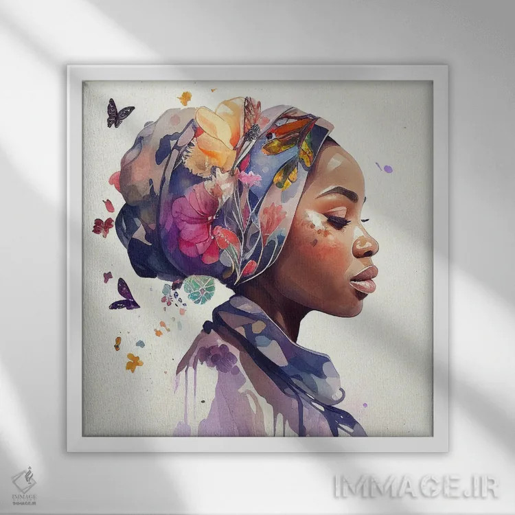 تابلو زن مسلمان آفریقایی با گلهای آبرنگی ۱ اثر استودیو کروماتیک فیوژن - نمای قابدار سفید