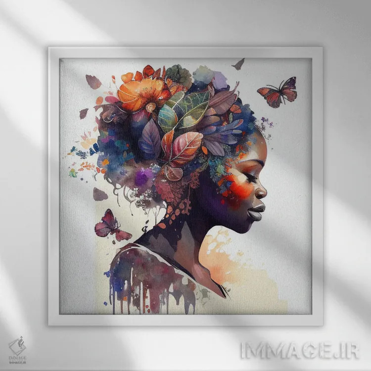 تابلو زن آفریقایی با پروانه آبرنگی ۹ اثر استودیو کروماتیک فیوژن - نمای قابدار سفید