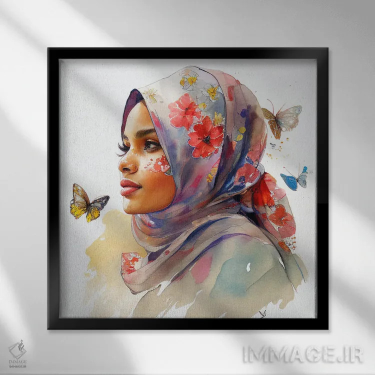 تابلو زن مسلمان عرب با گلهای آبرنگی ۱ اثر استودیو کروماتیک فیوژن - نمای قابدار مشکی