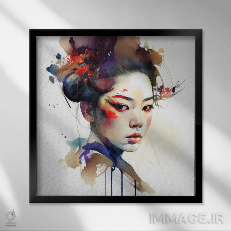 تابلو گیشای مدرن آبرنگی یکم اثر استودیو کروماتیک فیوژن - نمای قابدار مشکی