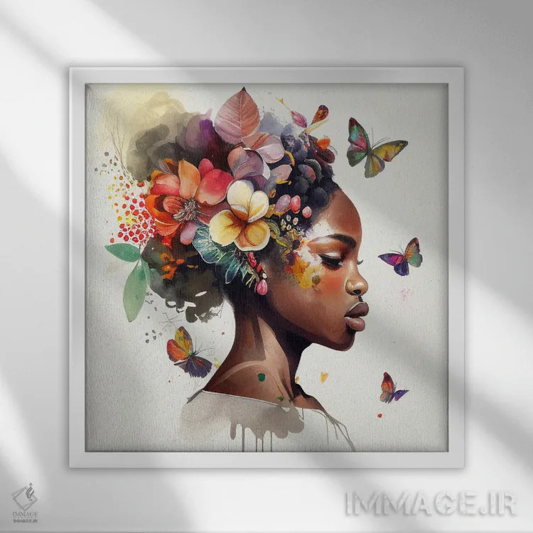 تابلو زن آفریقایی با پروانه آبرنگی ۶ اثر استودیو کروماتیک فیوژن - نمای قابدار سفید