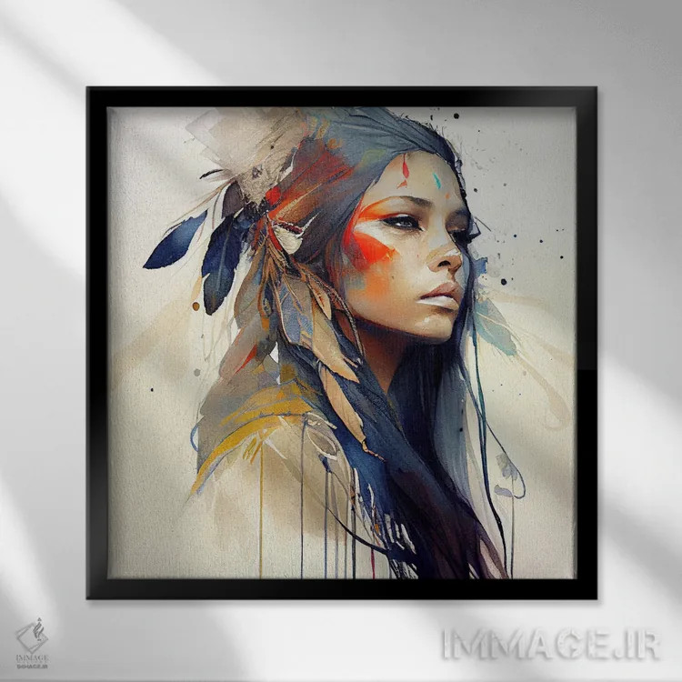 تابلو زن بومی هندی با گلهای آبرنگی ۱۳ اثر استودیو کروماتیک فیوژن - نمای قابدار مشکی