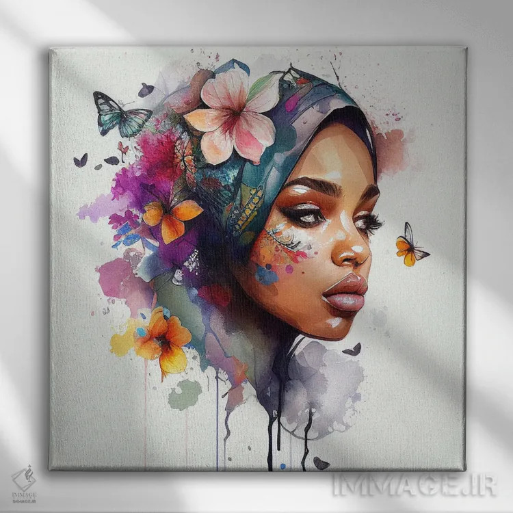 تابلو زن عرب با گلهای آبرنگی دوم اثر استودیو کروماتیک فیوژن - نمای روبهرو روی دیوار